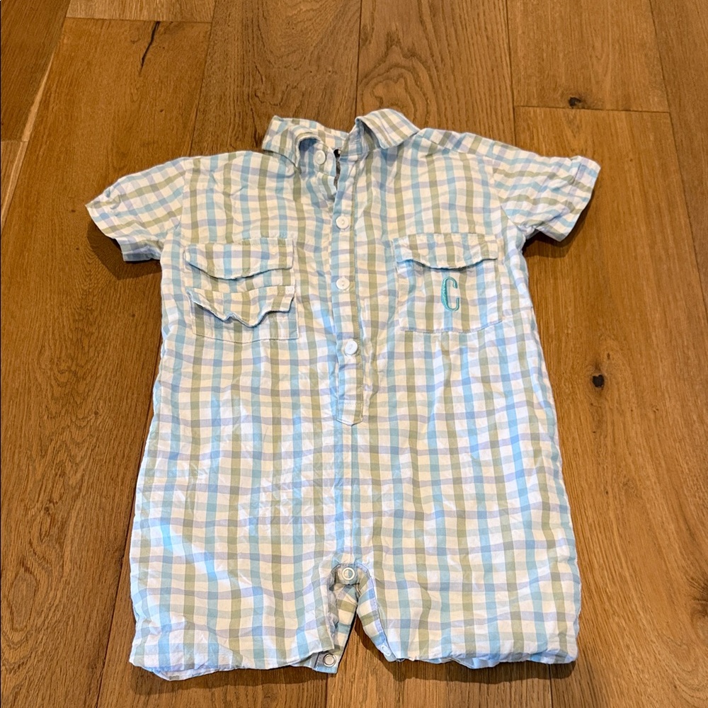 Busy Bees Smocked Checkered Romper - “C” Monogram - 24 months
